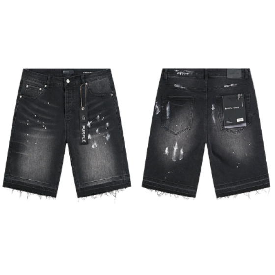 Black Washed Denim Shorts with Paint Splatter and Raw Hem